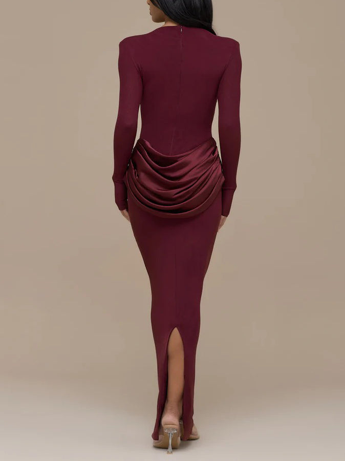 Elegant Pleated Long-sleeved Slim-fit Maxi Dress