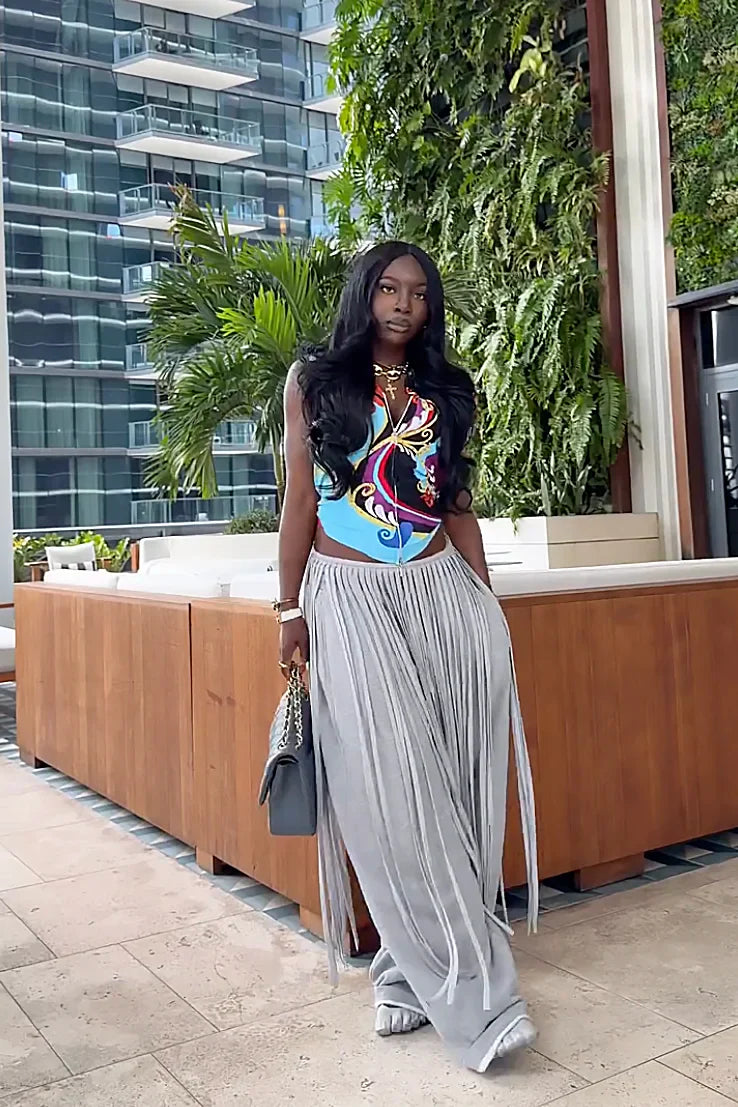 Grey Loose Fringe Pants