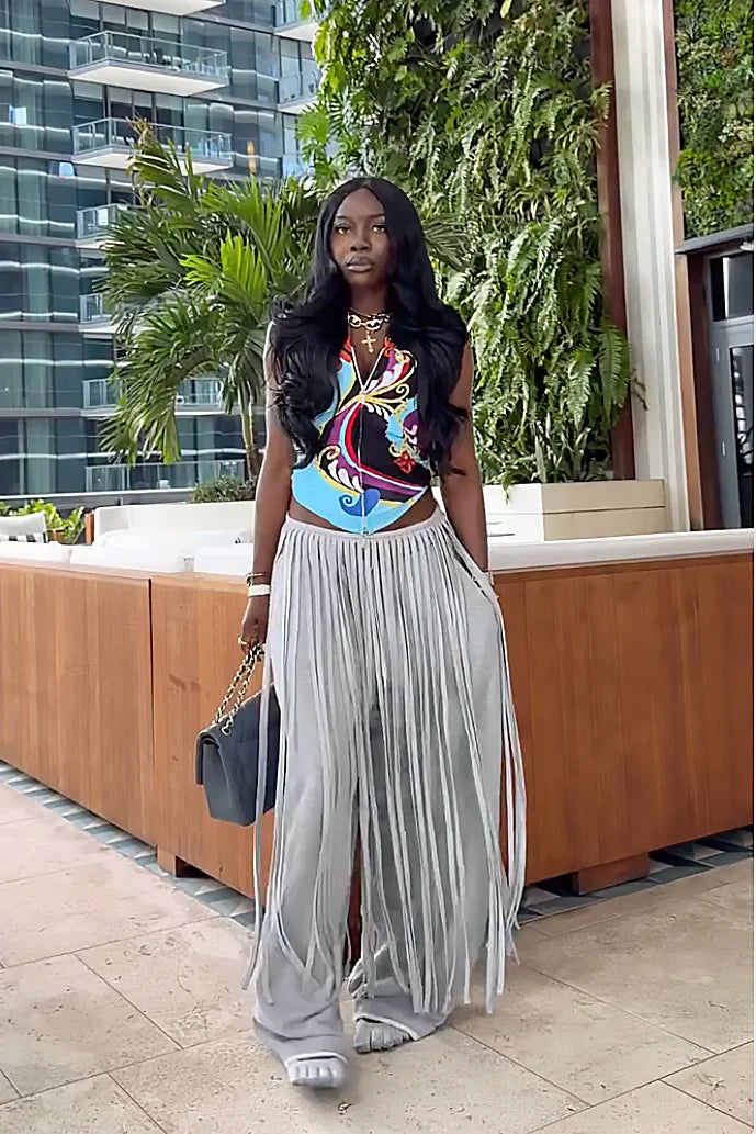 Grey Loose Fringe Pants
