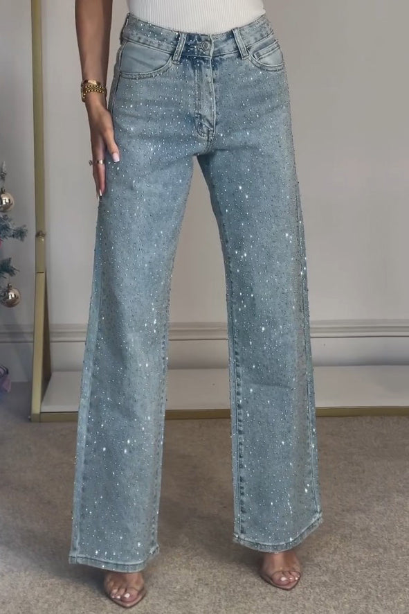 High Waisted Diamanté Straight Leg Jeans